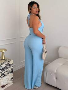 Maria Perezxox Conjunto de Pantalones Holgados de Pierna Ancha con Cuello Halter y Plisados de Tela Texturizada para Verano - Azul - Ver 2