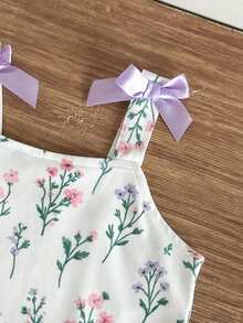 SHEIN 女嬰熱銷櫻桃印花吊帶上衣與短褲套裝，含圖案刺繡時尚款 - 紫色 - 查看 3