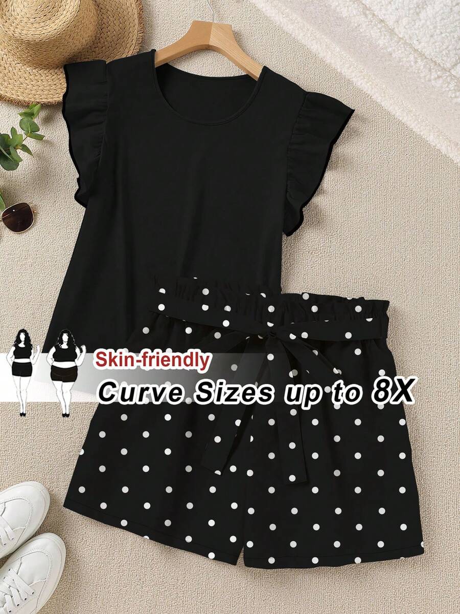 SHEIN CURVE+ 大尺碼夏季休閒純色荷葉袖上衣與圓點印花短褲兩件組