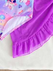 SHEIN Young Girl Cartoon Print Butterfly Decor Swimsuit With Coverup And Skirt Set - Multicolor - View 6