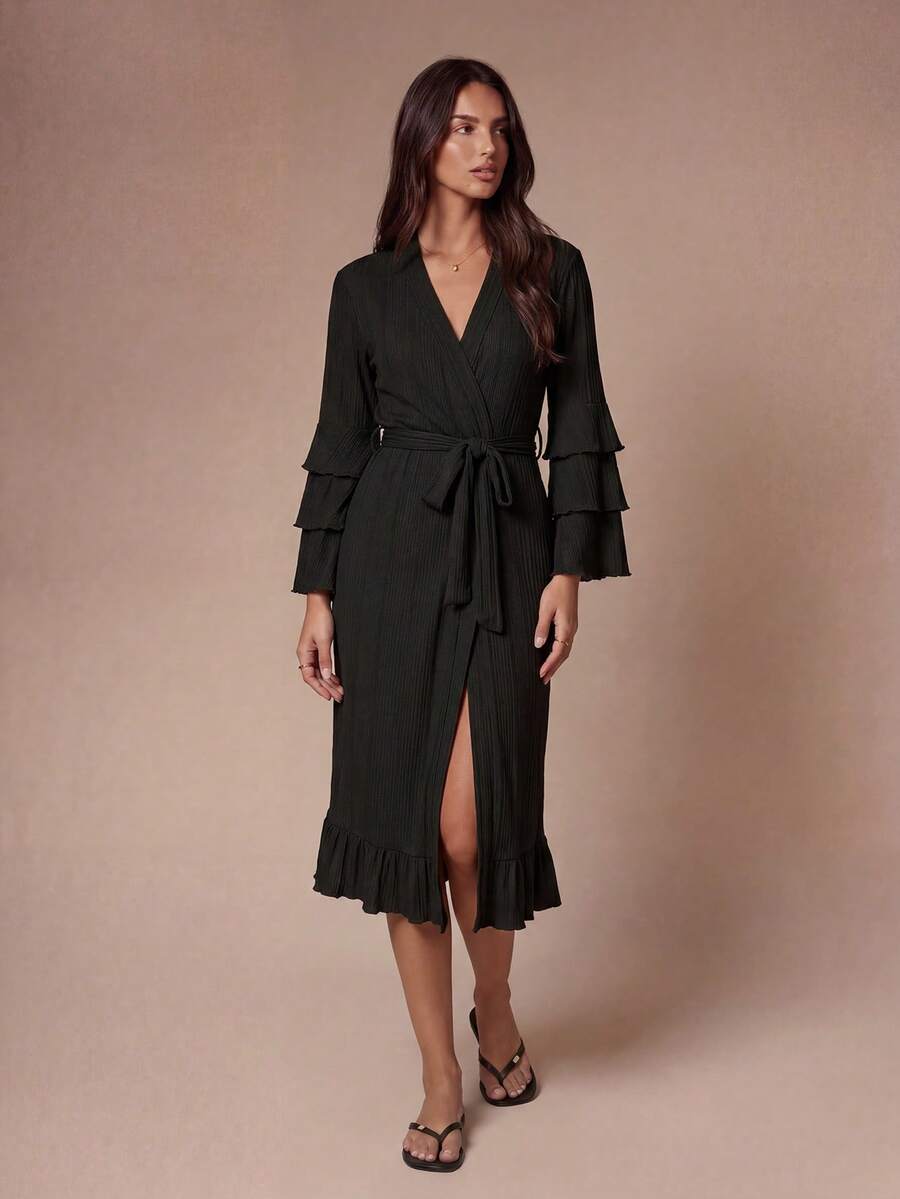Lazeform Bata informal de mujer con cuello en V, manga larga y lazo delantero, bata holgada con mangas acampanadas y ribete de volantes - Negro - Ver 1