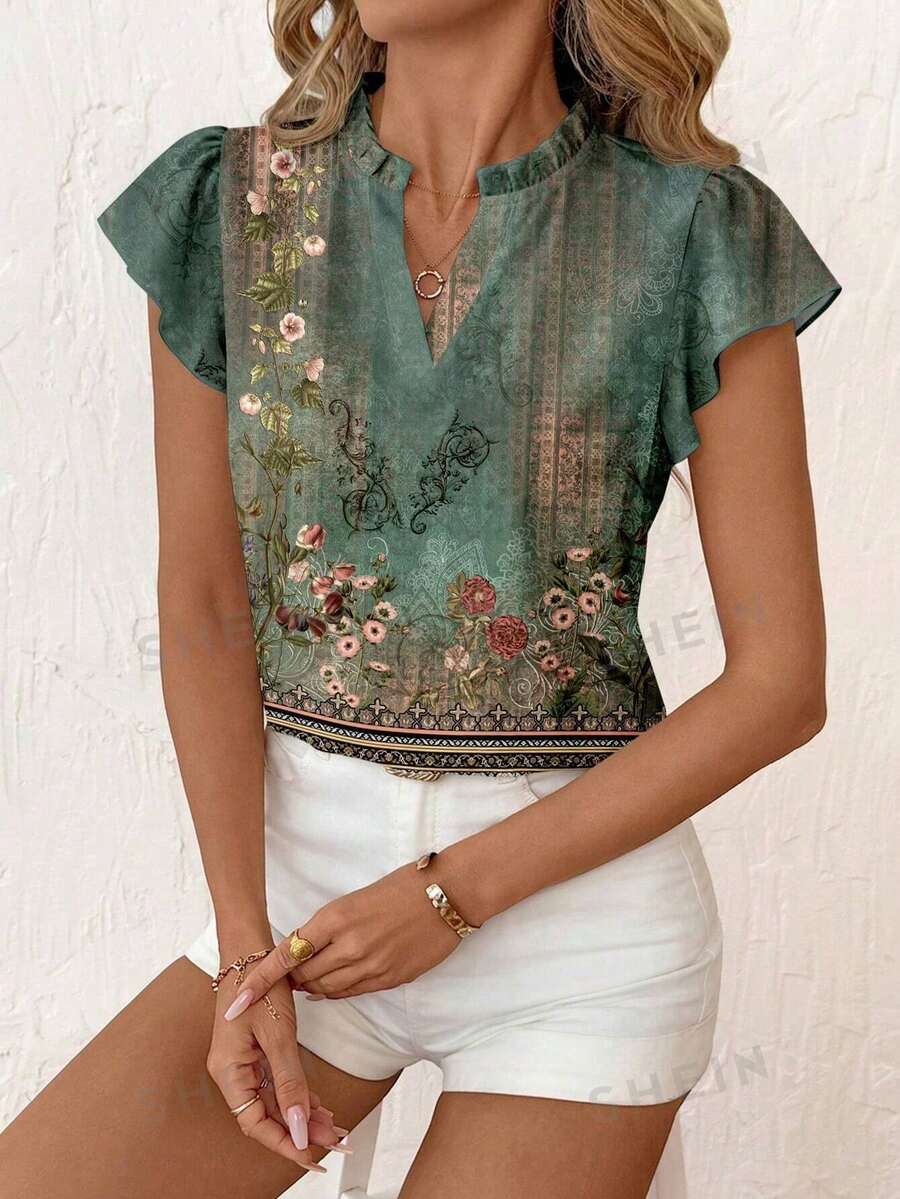 SHEIN Clasi Women's Green Floral,Summer,Boho,Holiday,Tea Party,Holiday V-Neck Flutter Sleeve Loose Fit Shirt,Retro Distressed Dark Green Print Pattern Formal Blouse - Multicolor - View 1