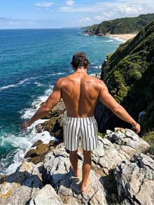 Solantero Swim Trunks For Men Drawstring Waist Security Pockets Lightweight 4-Way Stretch Letter Patches,Stripes For Resort Casual,Beach VacationWhite Fabric Non-Stretch Lined Beach Shorts,Hawaiian - White - View 2