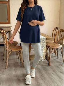 SHEIN Maternity Summer Loose Solid Color Side Slit Short Sleeve Top And Tight Pants 2pcs Set - Royal Blue - View 5