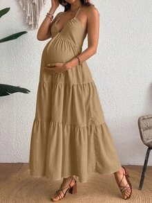 Cheriluna Maternity Comfortable Halter Backless Maternity Dress - Yellow - View 1