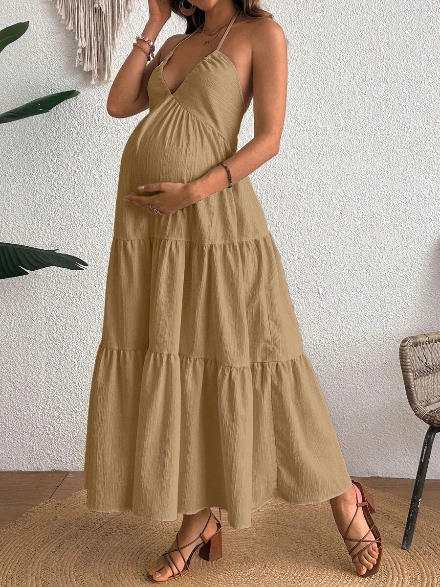 Cheriluna Maternity Comfortable Halter Backless Maternity Dress - Yellow - View 1