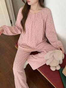 DAZY 两件套女士波点印花雪纺宽松灯笼袖睡衣套装 - 綠色 - 查看 3