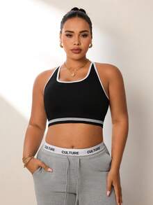 SHEIN Rhythm Era Plus Size Women's Back Closure Sports Bra - Black and White - View 3