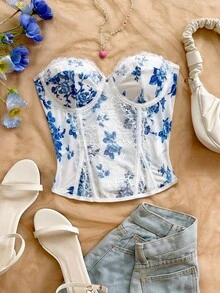 Soleia Women's Vacation Floral Print Contrast Lace Fashion Tube Top - Blue and White - View 4