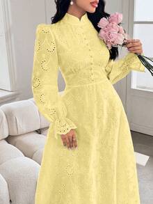 Modelyn French Style Stand Collar Lace Hollow Out Button Petal Sleeve Design Dress - Light Yellow - View 5