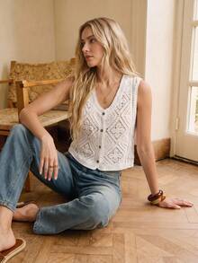 BizChic Top sin mangas de punto calado, estilo elegante de vacaciones, streetwear, para ir al trabajo, citas, uso diario, vacaciones, Halloween, vuelta al colegio, fiestas, cumpleaños, versátil, otoño, invitada de boda, iglesia, ocasiones especiales, oficina, casual francés, minimalista - Blanco - Ver 7