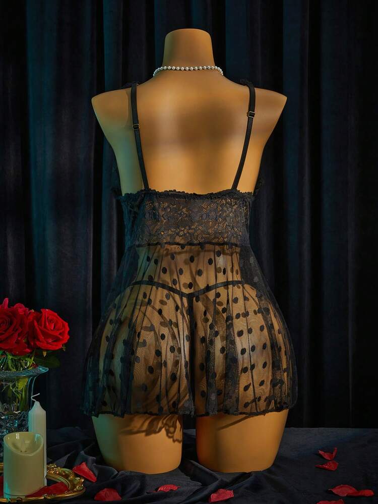 SpicyHot Bộ 2 món áo ngủ ren và lưới cỡ lớn - màu đen - Xem 2