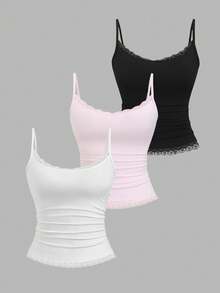 Sweetra Women's Solid Color Contrast Lace Ruffle Camisole - Multicolor - View 3
