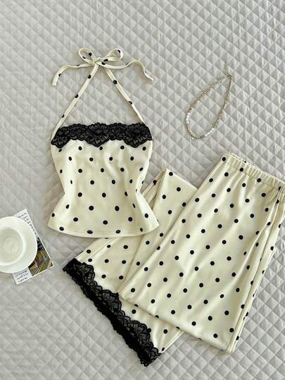 Elamini Summer Super Low-Waist Polka Dot Print Knit Wide-Leg Pants, Versatile Minimalist Casual Long Trousers, Suitable For Home, Campus Style, Vacation