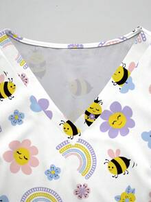 PopScrub Bee, Rainbow, Flower Cartoon Pattern Women's Nurse Uniform Top, Spring/Summer Fashion V-Neck Short Sleeve Double Pocket Design Side Slit Workwear, Women's Cute Scrub Top, Uniform Top - White - View 5