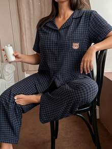 Napfluff CURVE Napfluff CURVE Summer Cute Plaid Print Patch Pocket Bear Embroidery Pattern Front Button Short Sleeve Long Pants Women Plus Size Pajama Set Homewear Set - Multicolor - View 4