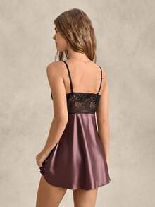 EverLounge Color Block Lace Patchwork Cami Sleep Dress Pajama Dress Luxeloungewear - Rust Brown - View 2