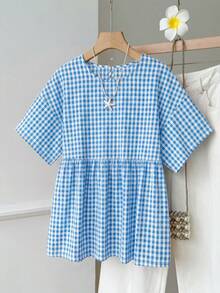 SHEIN EZwear 休閒極簡棉感藍色格紋梭織女款襯衫，適合夏季，夏季上衣，適用於日常通勤、約會、聚會、秋冬/夏季、聖誕節、新年、感恩節、派對、婚禮、海灘、畢業典禮、時尚、優雅、休閒、外出、約會、預約、通勤、亮麗、情人節 - 藍色 - 查看 6