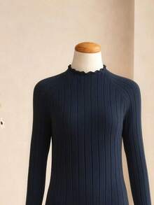 Girls' Simple Elegant Fashion Turtleneck Raglan Sleeve Long Sleeve Fitted Long Solid Color Fuzzy Ribbed Fabric Basic Dress, Autumn/Winter - Navy Blue - View 4