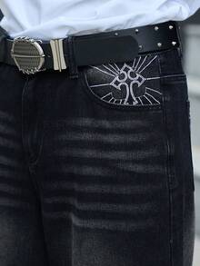 Manfinity EMRG Men's Street Style Casual Monkey Embroidery Black Jeans - Black - View 4