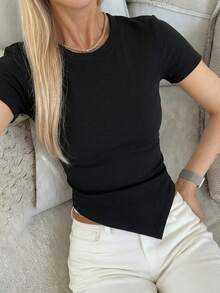 DAZY 女士夏季方领修身罗纹休闲短袖T恤 - 黑色 - 查看 4