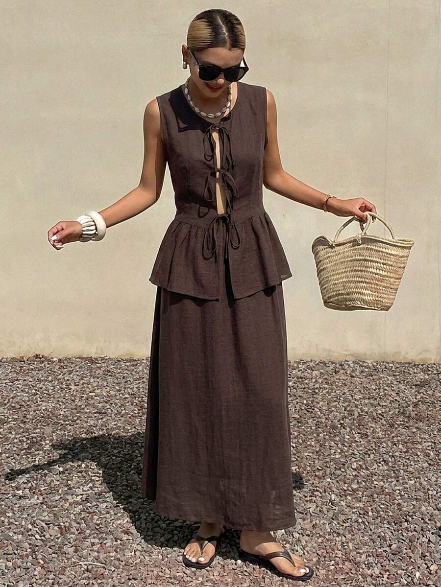 Livesso Spring Summer Brown Vacation Outfit Commute Office V-Neck Ruffle Sleeveless Tie Waist Casual Pants Women 2-Piece Set - Brown - View 1