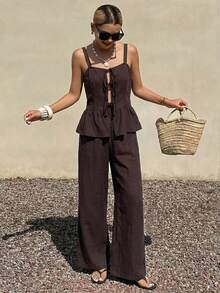 Livesso Spring/Summer Dark Brown Casual French 2-Piece Set For Women, V-Neck Ruffle Tie Strap Top And Long Pants, Suitable For Vacation, Commute And Office - Brown - View 6