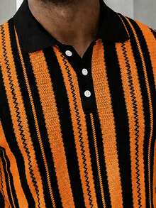 Manfinity CasualCool Men's Casual Business Striped Design POLO Shirt Top Suitable For Daily Commuting Wear Casual Versatile - Orange - View 3