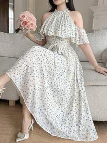Vibekara Spring, Summer, Vacation, Elegant, Romantic Chiffon Floral Print Halter Tie Shoulder Ruffle Decor A-Line Flowing Maxi Dress, Formal Occasion Gown - Blue and White - View 1