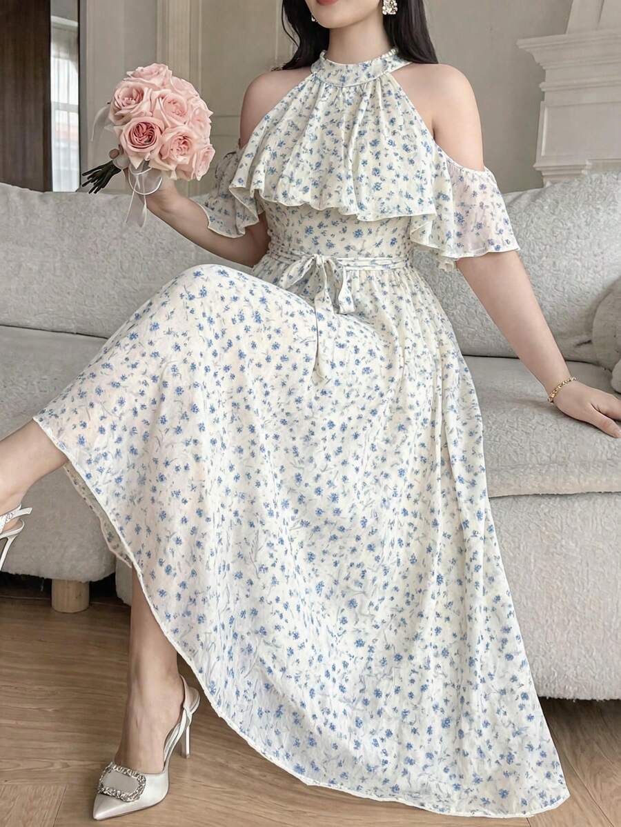 Vibekara Spring, Summer, Vacation, Elegant, Romantic Chiffon Floral Print Halter Tie Shoulder Ruffle Decor A-Line Flowing Maxi Dress, Formal Occasion Gown - Blue and White - View 1