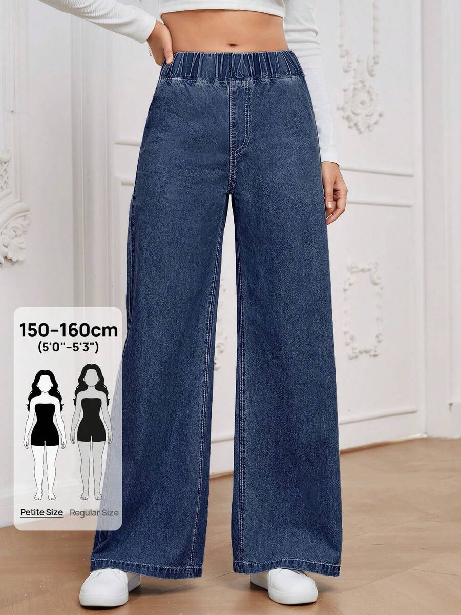 SHEIN PETITE Women's Casual Elastic Waist Wide Leg Jeans - Dark Wash - View 1