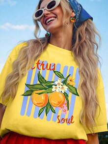 EMERY ROSE Summer Citrus Branch Flower Printed Casual T-Shirt - Yellow - View 1