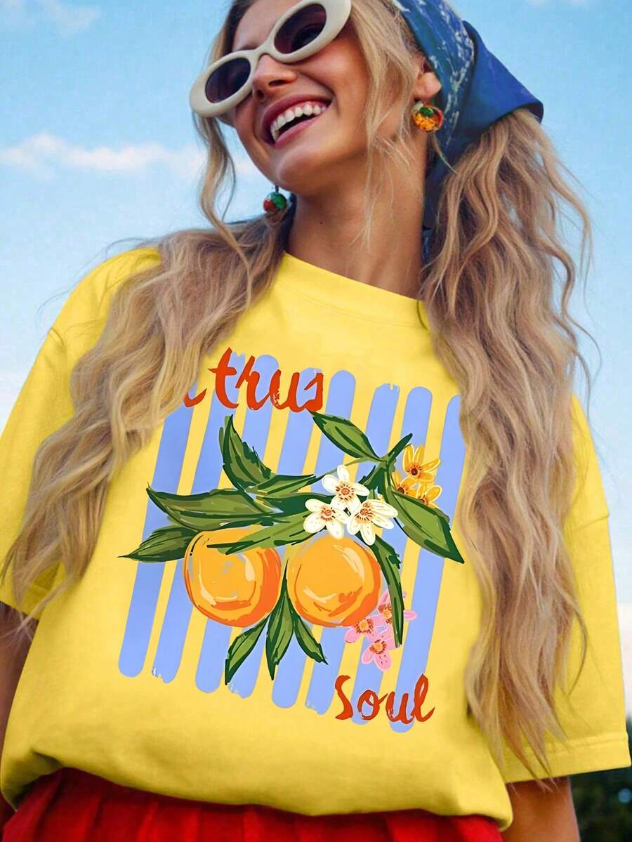 EMERY ROSE Summer Citrus Branch Flower Printed Casual T-Shirt - Yellow - View 1