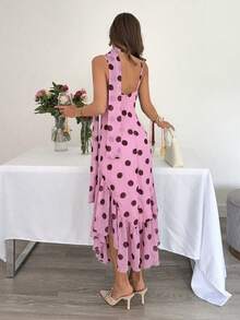 Siren Gaze Đầm chấm bi sang trọng, đầm midi cổ đổ màu hồng thanh lịch mùa hè dành cho nữ, trang phục dự tiệc gợi cảm với khăn choàng viền bèo nhún, đầm dài chấm bi hoa cho kỳ nghỉ biển, đầm dạ hội không tay phong cách retro thời trang. - Màu Hồng Tươi - Xem 3