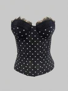 Glamine Charm Women's Vintage Elegant Polka Dot Print Contrast Lace Backless Camisole Top, Summer - Black - View 5