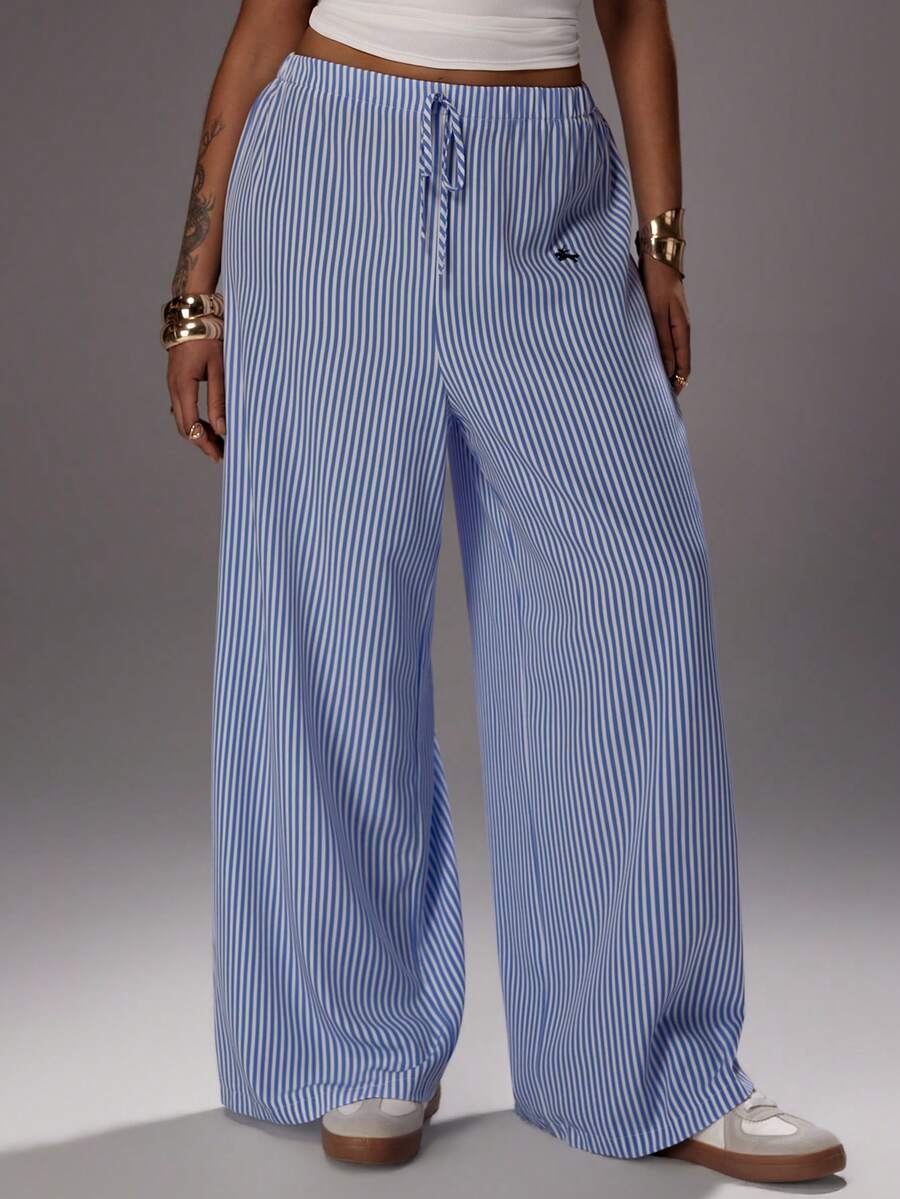 Rustia Autumn Fashionable Blue And White Embroidered Loose Waist Tie Pants, Suitable For Casual Wear, Vacation, Home And Beach - Blue and White - View 1