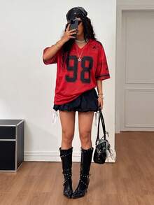 Coolane 女款春夏節慶外出街頭風復古透氣網眼數字圖案印花棒球球衣紅色球衣 - 紅色 - 查看 2