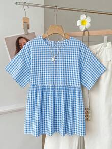 SHEIN EZwear 休閒極簡棉感藍色格紋梭織女款襯衫，適合夏季，夏季上衣，適用於日常通勤、約會、聚會、秋冬/夏季、聖誕節、新年、感恩節、派對、婚禮、海灘、畢業典禮、時尚、優雅、休閒、外出、約會、預約、通勤、亮麗、情人節 - 藍色 - 查看 7