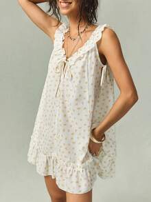 SoleilVie Women's Elegant Modest White Floral Pattern Sleeveless Short Dress Vacation Summer - Yellow - View 7