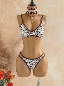 Soleia Conjunto de bikini calado con bordado para vacaciones en la playa - Marrón - Ver 3