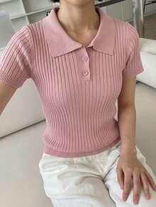DAZY 女款商務休閒 Polo 領短袖針織上衣 夏季 - 粉色 - 查看 6
