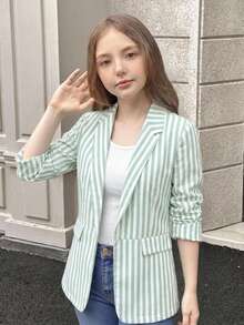 SHEIN 青少年女孩優雅休閒時尚綠白條紋亞麻披肩領抽褶七分袖西裝外套 條紋西裝外套外套，適合日常穿著，適用於秋冬/春季 - 綠色 - 查看 9