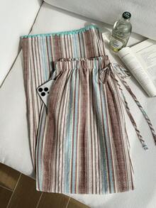 Comfortcana Pantalones casuales cómodos de talla grande con cintura de cordón, textura de rayas de algodón y lino - Azul - Ver 7
