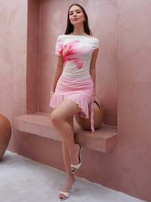 Duda Rubert 女款優雅花卉印花不對稱領口抓皺上衣 夏季款 - 杏色 - 查看 4