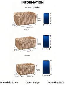 1/3PCS Handmade Woven Storage Basket Seagrass Wood Rattan Geometric Boho Decor For Home Organization Bathroom Bedroom Living Room Desktop Makeup Coastal Vibes Gift For Women Christmas Birthday Present - Beige - View 13