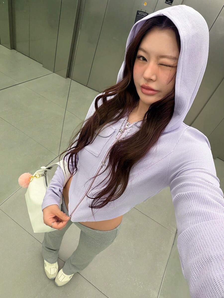 K-Vae Women's Solid Color Front Zipper Cropped Sweatshirt Lavender Light Grey Autumn Street Wear Y2k Night Out Day Time Student Everyday Back-To-School - Mauve Purple - View 1