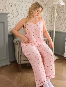 CottageSlumber Bubble Textured Plaid Cherry Print Plus Size Camisole & Pants Pajama Set - Pink - View 6
