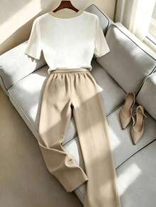 GlowEve CURVE Plus Size Women's Round Neck Short Sleeve Top And Pants Casual Two Pieces Set - Khaki - View 2