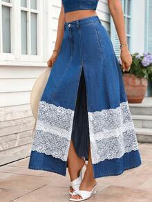 Breezaya Women's Contrast Lace Denim Skirt With Side Slit, Fashion Boho Vacation Blue Floral Autumn - Medium Wash - View 4