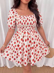 Lyrianda Plus Size Women's Strawberry Print Vacation A-Line Square Neck Dress - Multicolor - View 5
